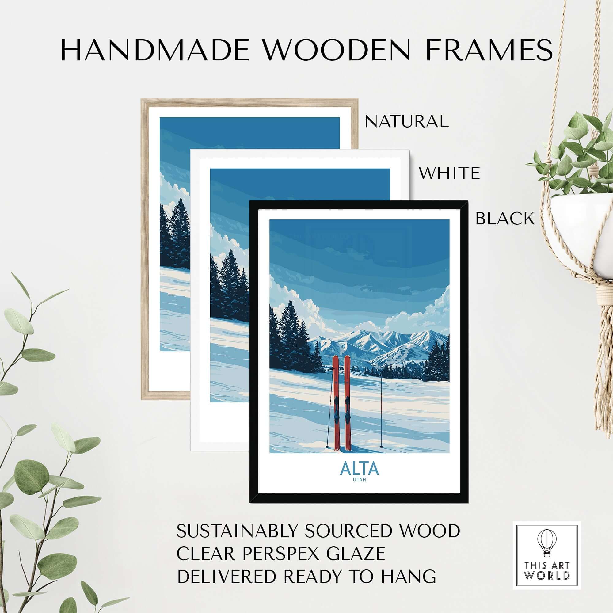 Handmade wooden frames in natural, white, and black for Alta Utah winter mountain landscape poster, ready to hang.