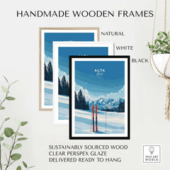 Handmade wooden frames in natural, white, and black for Alta Utah ski art, sustainably sourced and ready to hang.