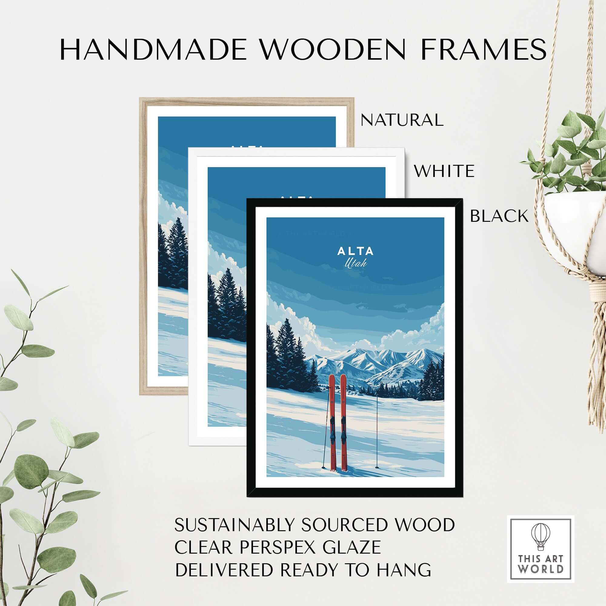 Handmade wooden frames in natural, white, and black for Alta Utah ski art, sustainably sourced and ready to hang.