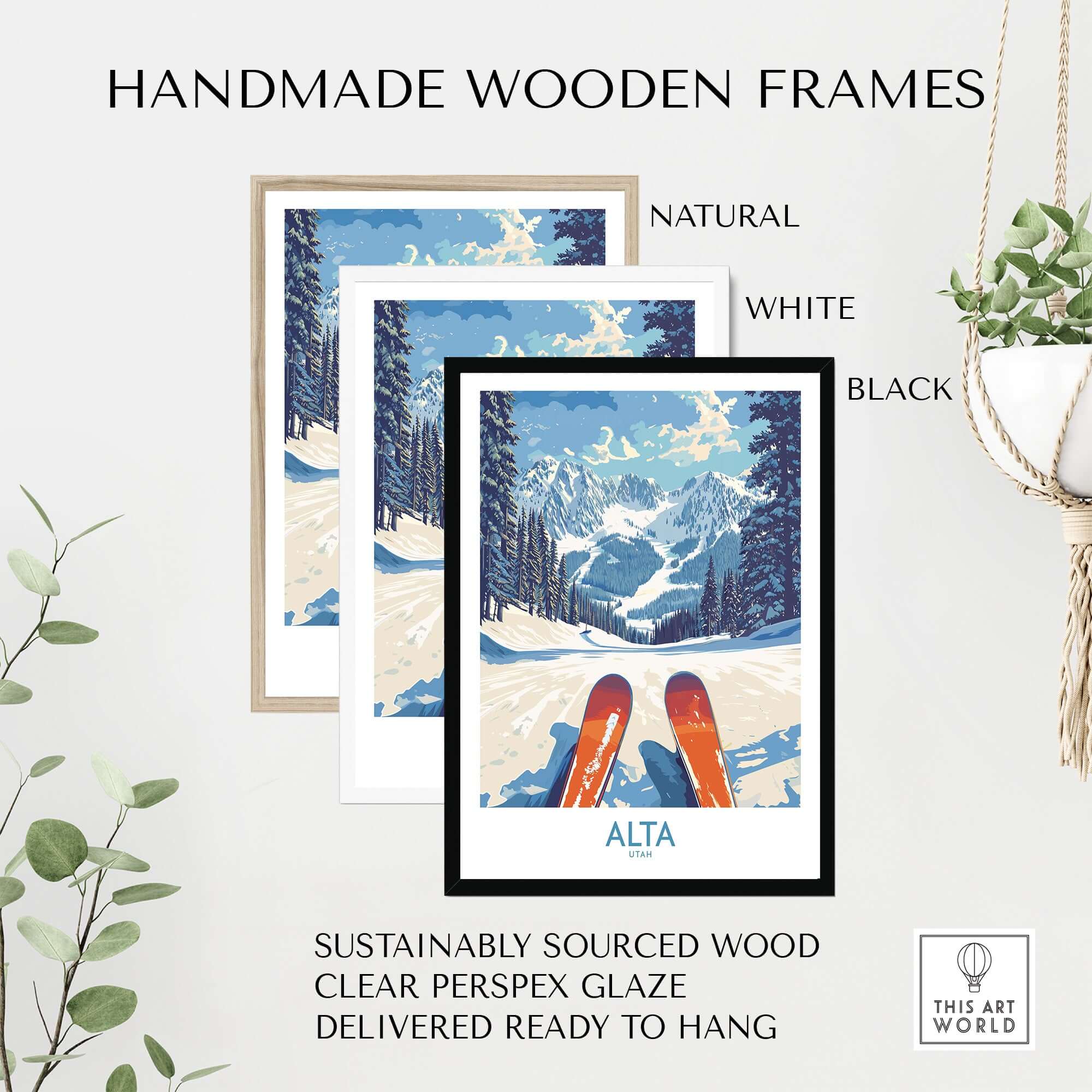 Handmade wooden frames in natural, white, and black for Alta Utah Ski Adventure Poster, featuring sustainably sourced wood.