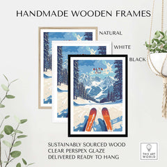 Handmade wooden frames for Alta Utah ski print, available in natural, white, and black finishes, ready to hang.