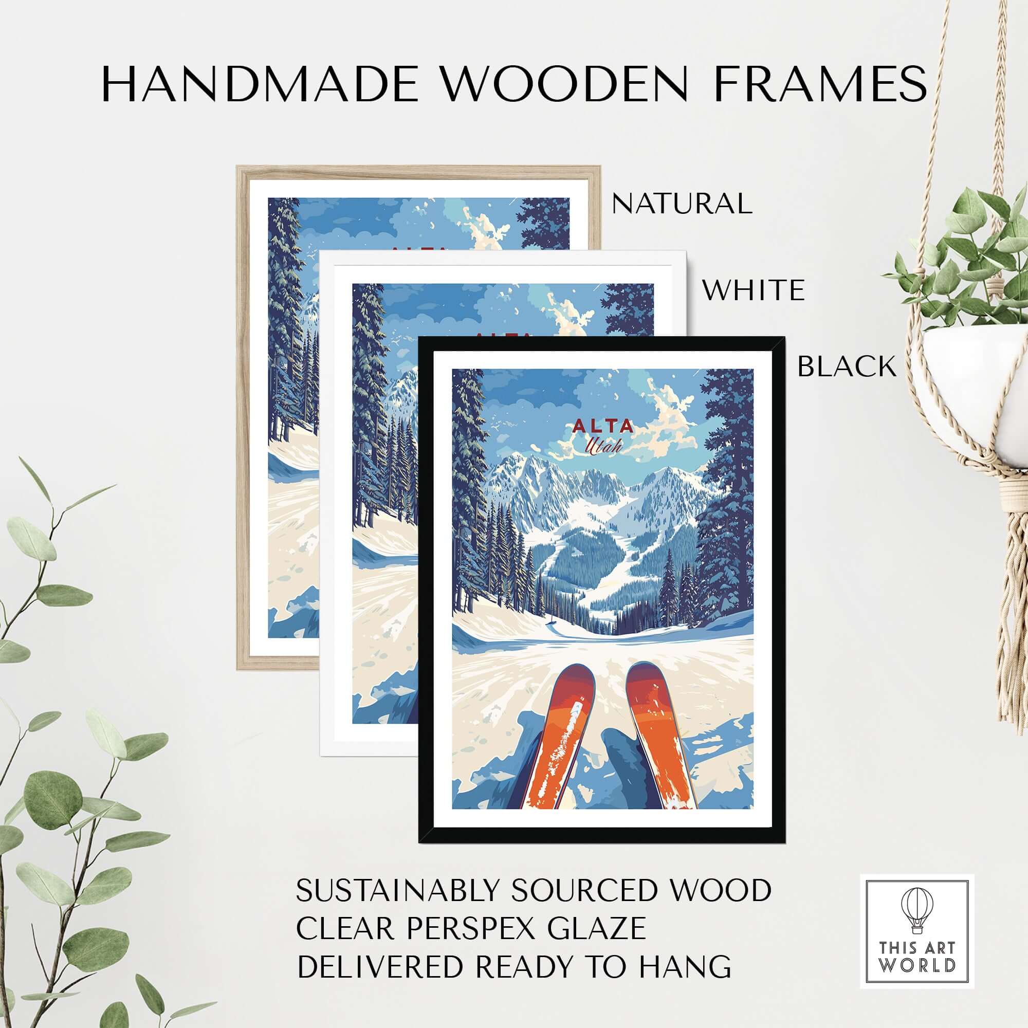 Handmade wooden frames for Alta Utah ski print, available in natural, white, and black finishes, ready to hang.