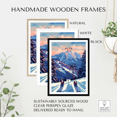 Handmade wooden frames in natural, white, and black for Alta Utah Ski Lift poster, showcasing sustainable design and ready to hang.