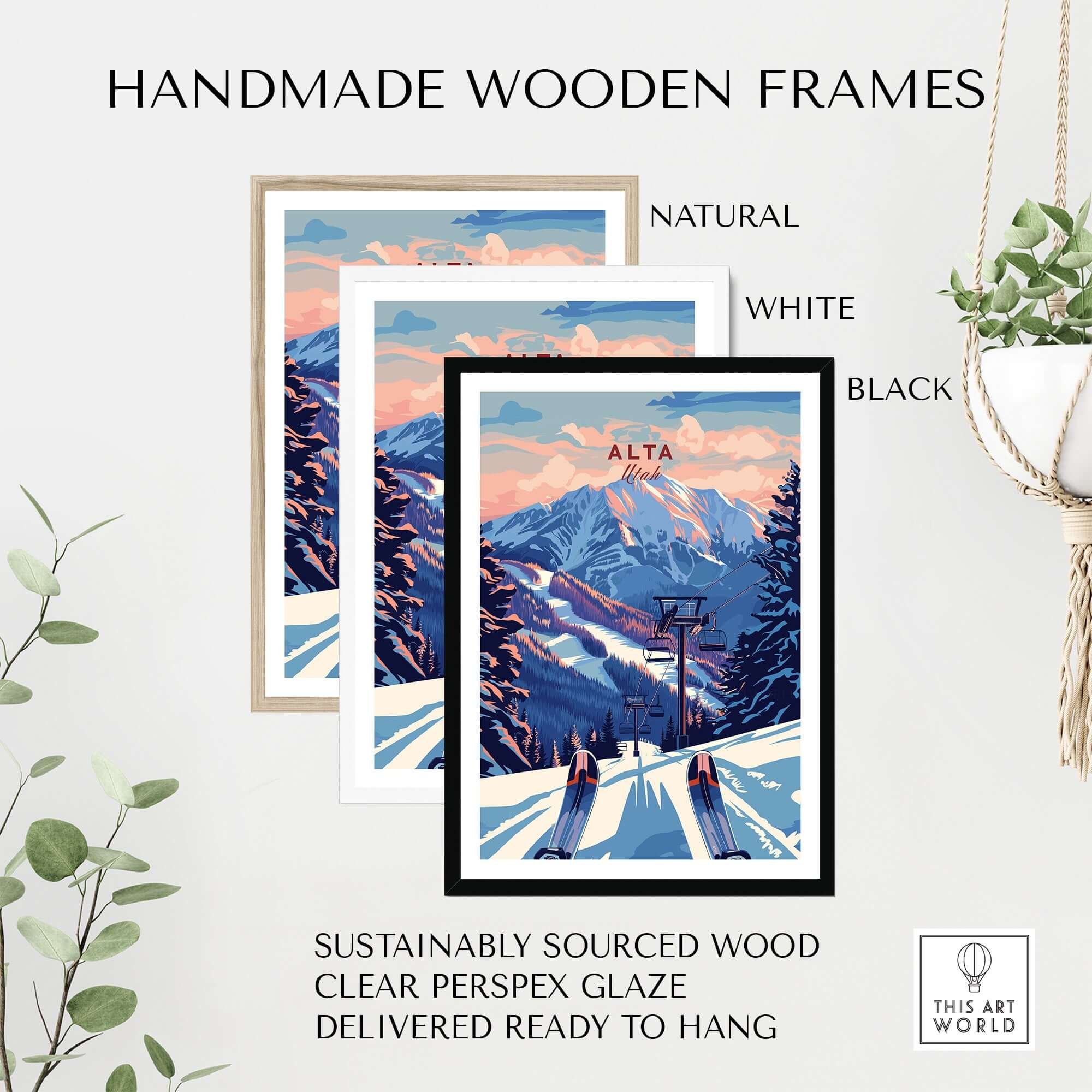 Handmade wooden frames in natural, white, and black for Alta Utah Ski Lift poster, showcasing sustainable design and ready to hang.