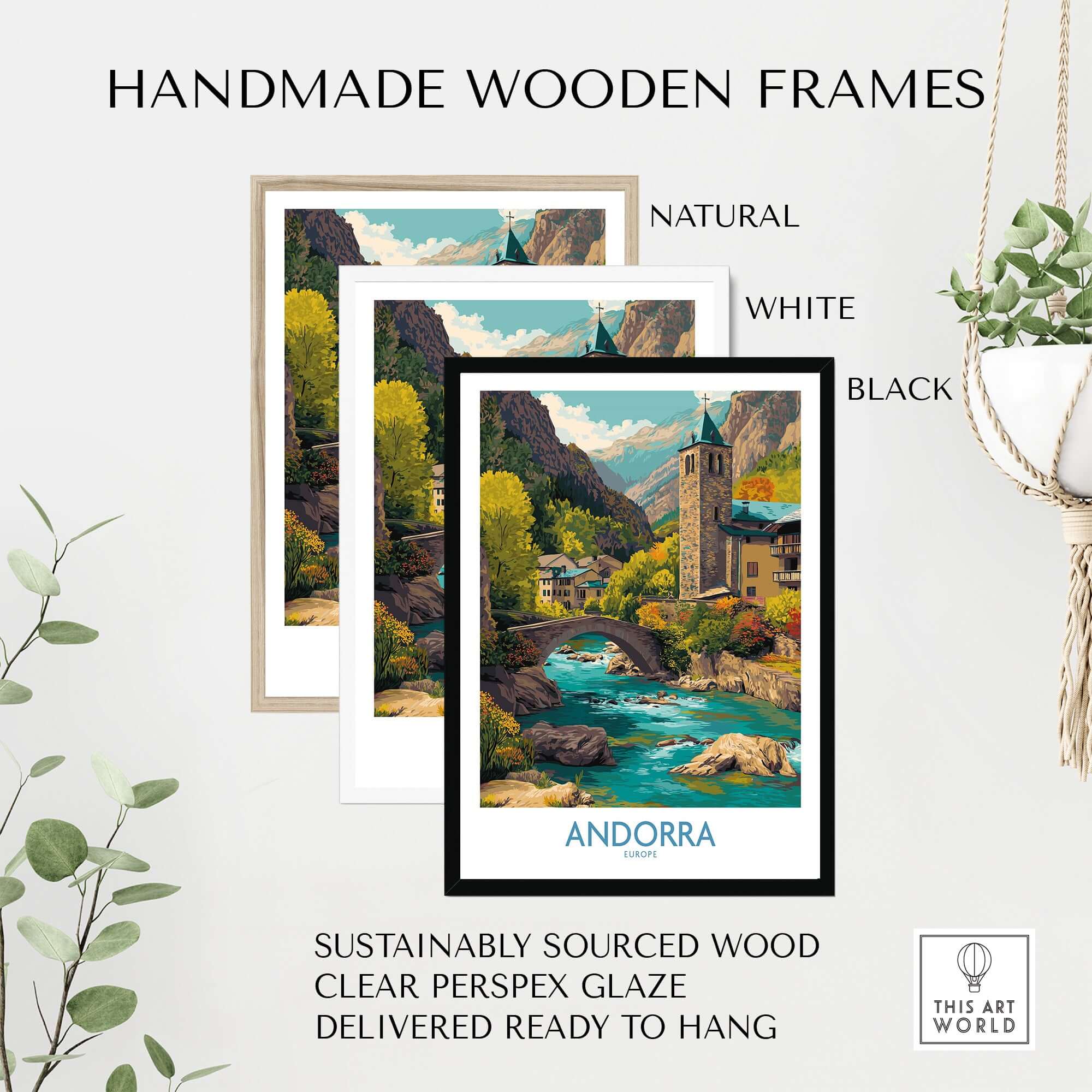 Andorra Art Print | Pyrenees Mountain Travel Poster displayed in handmade wooden frames in natural, white, and black finishes.