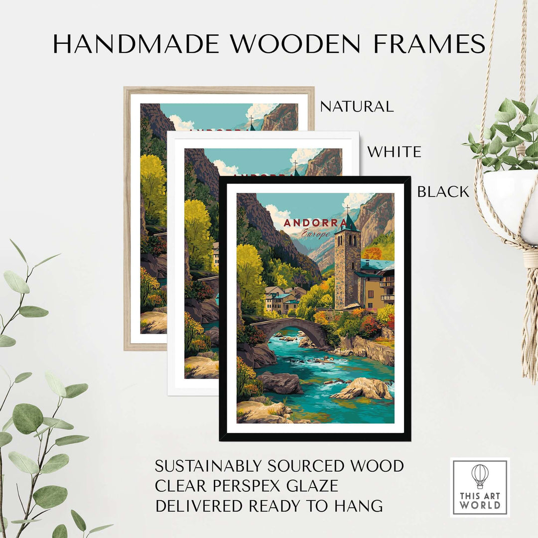 Andorra Valira River Valley Village Print | European Mountain Wall Decor displayed in handmade wooden frames.