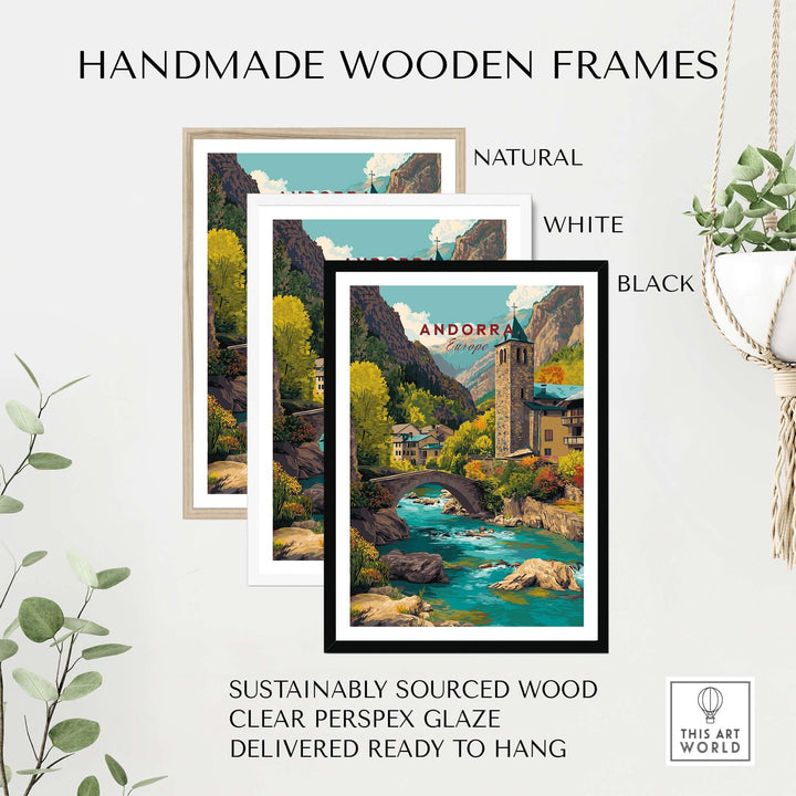 Andorra Valira River Valley Village Print | European Mountain Wall Decor displayed in handmade wooden frames.