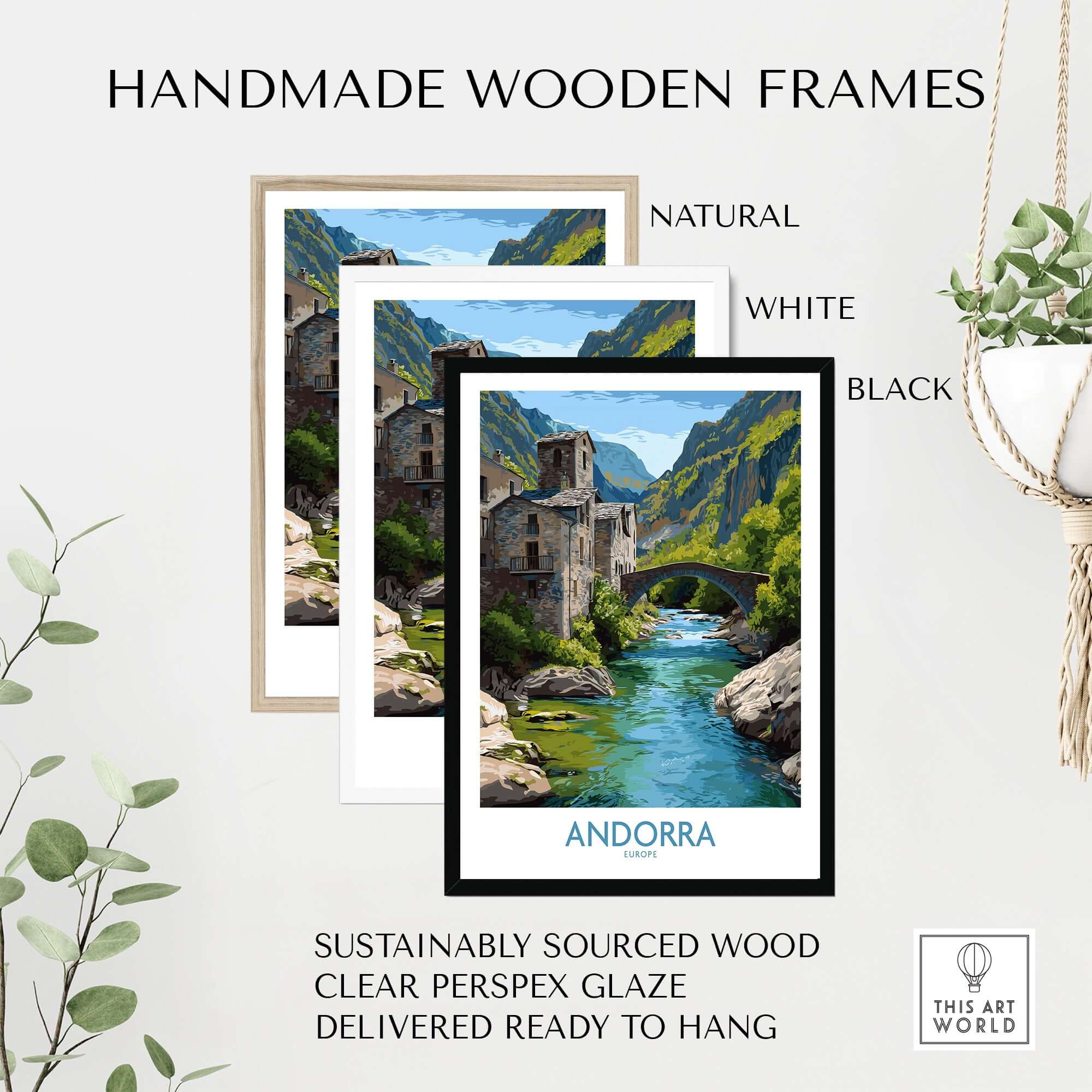 Handmade wooden frames for Andorra Old Town River Bridge Art Print | Pyrenees Architecture Poster in natural, white, and black.