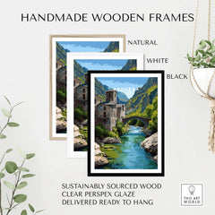 Andorra Poster | European Mountain Valley Decor in handmade wooden frames, featuring natural, white, and black options.