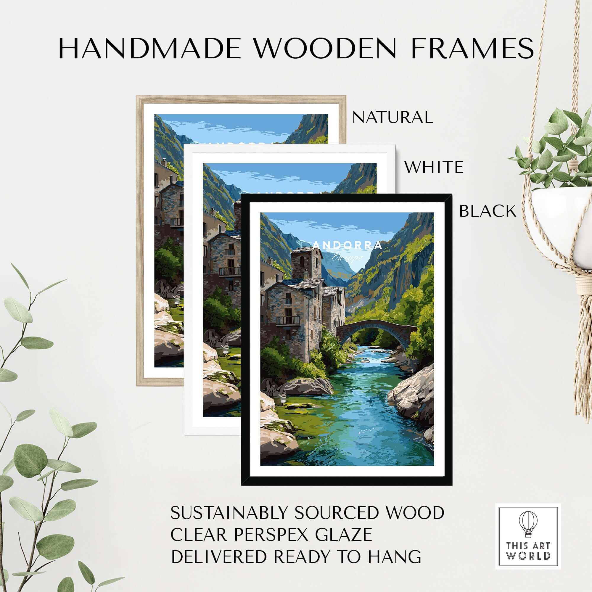 Andorra Poster | European Mountain Valley Decor in handmade wooden frames, featuring natural, white, and black options.