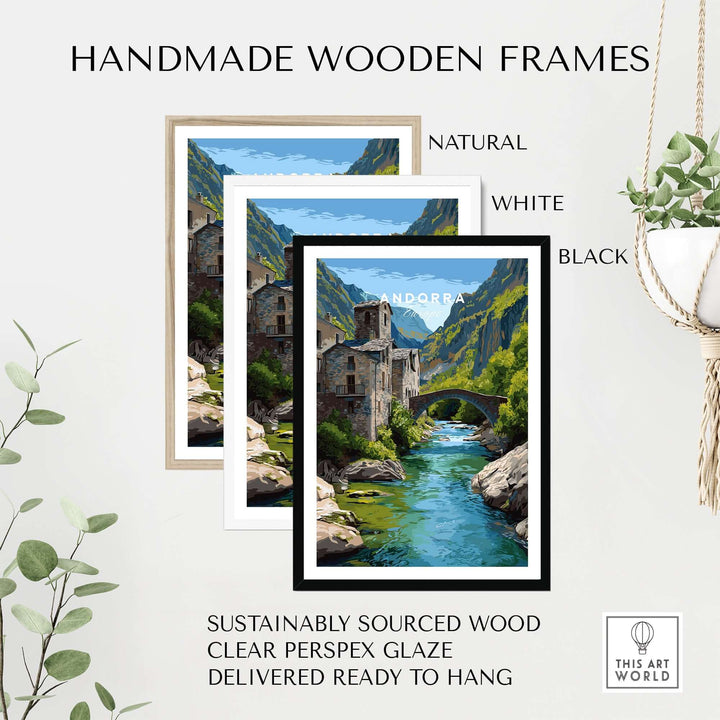 Andorra Poster | European Mountain Valley Decor with handmade wooden frames in natural, white, and black colors.