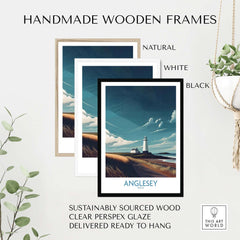 Anglesey Wales Seascape Beach Path Poster - North Wales Travel Decor framed in natural, white, and black handmade wooden frames.