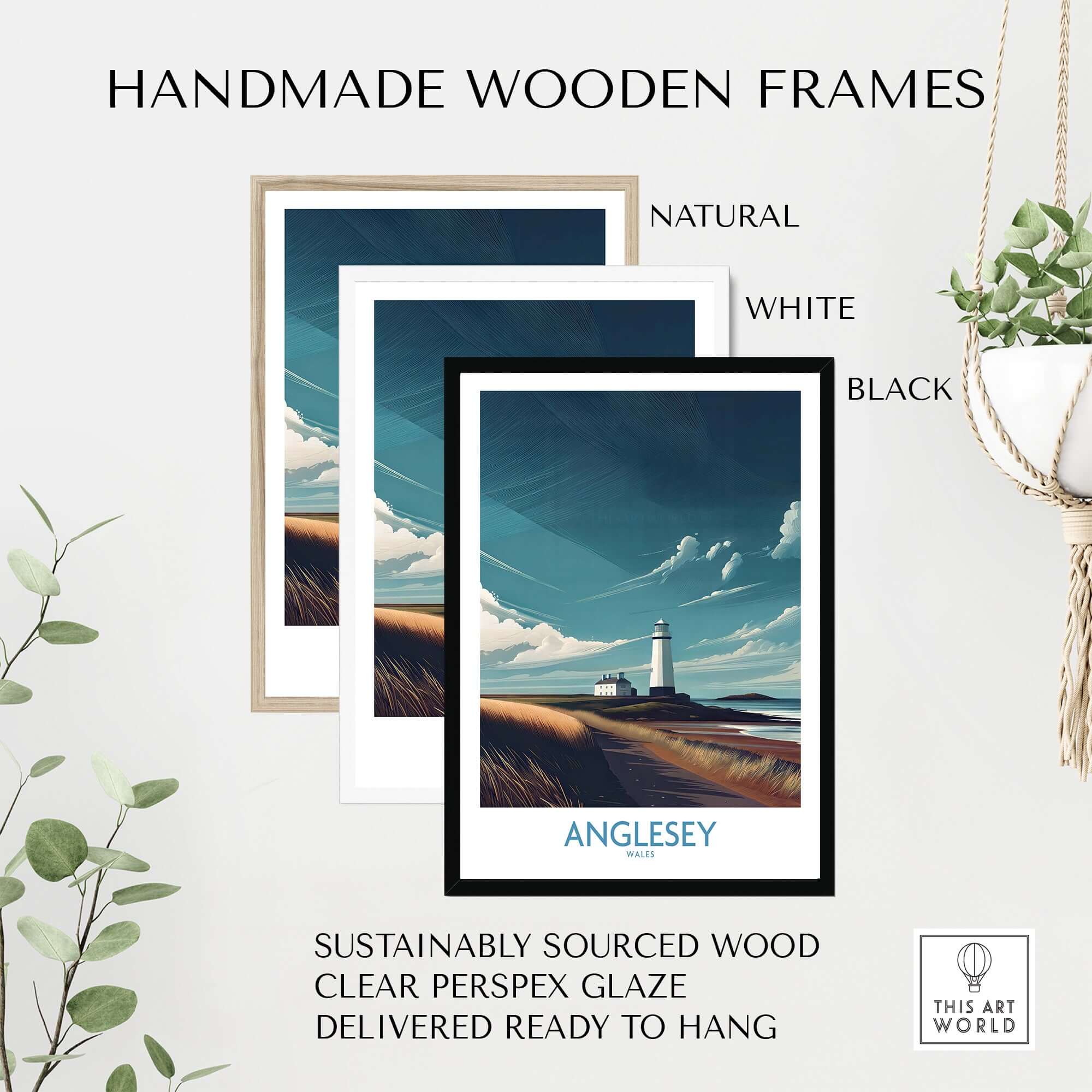 Anglesey Wales Seascape Beach Path Poster - North Wales Travel Decor framed in natural, white, and black handmade wooden frames.
