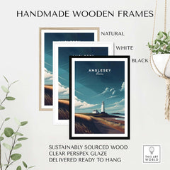 Anglesey Wales Lighthouse Coastal Print - Welsh Landscape Wall Art with handmade wooden frames in natural, white, and black