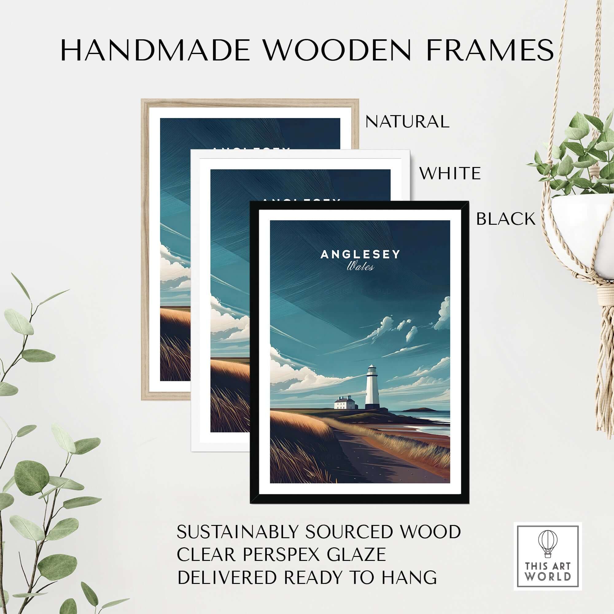 Anglesey Wales Lighthouse Coastal Print - Welsh Landscape Wall Art with handmade wooden frames in natural, white, and black