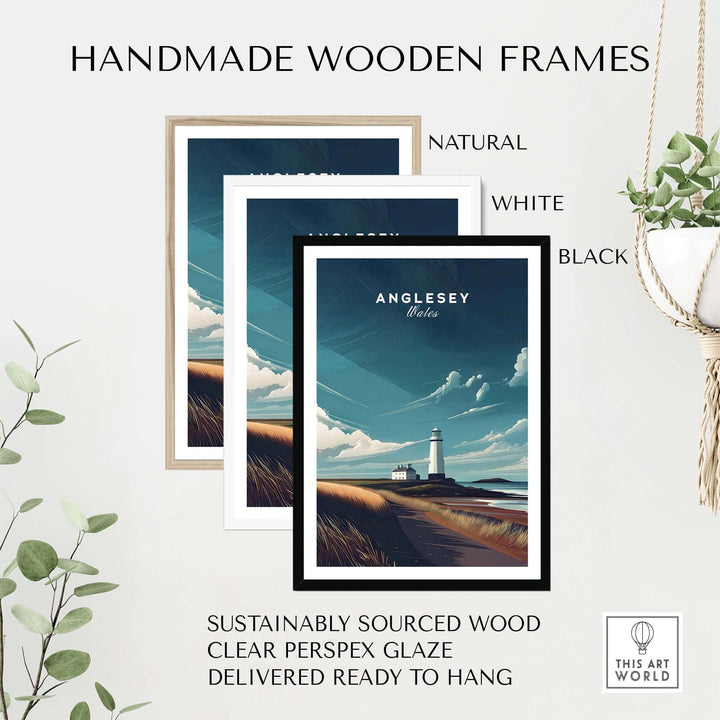 Handmade wooden frames in natural, white, and black for Anglesey Wales lighthouse print, sustainably sourced and ready to hang.