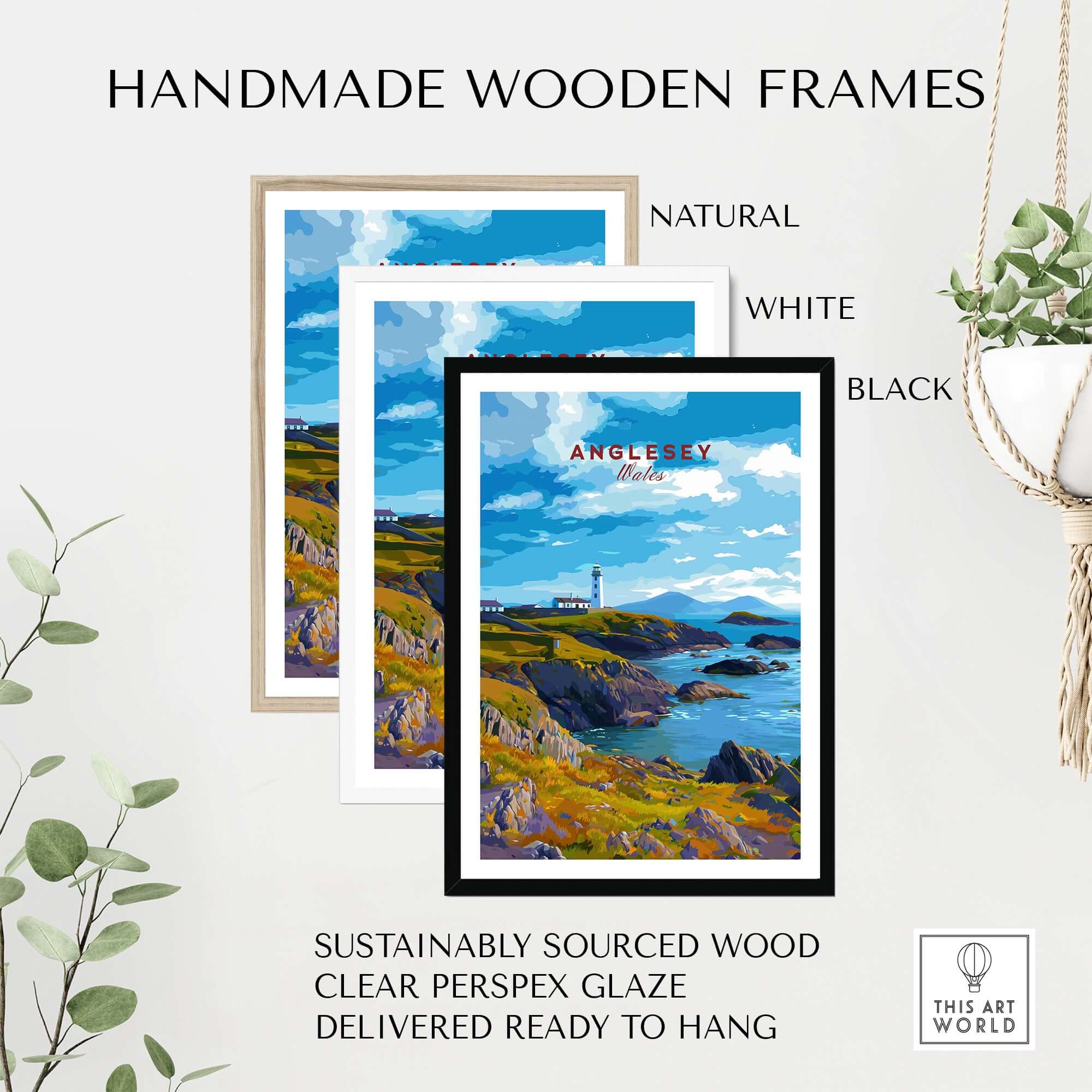Anglesey Wales Poster Rocky Coast Lighthouse - Celtic Sea Wall Art framed in natural, white, and black handmade wooden frames.