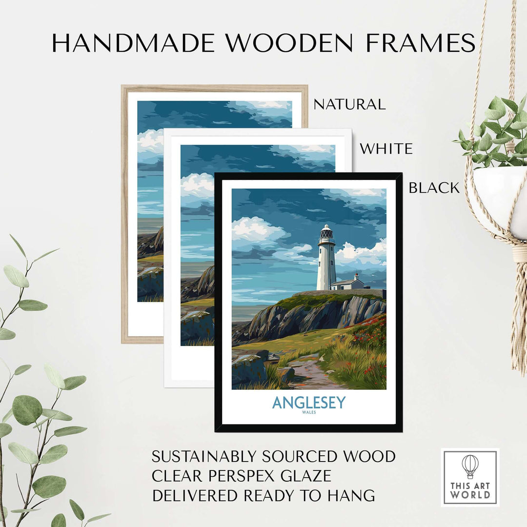 Handmade wooden frames in natural, white, and black for Anglesey Wales scenic seascape poster.