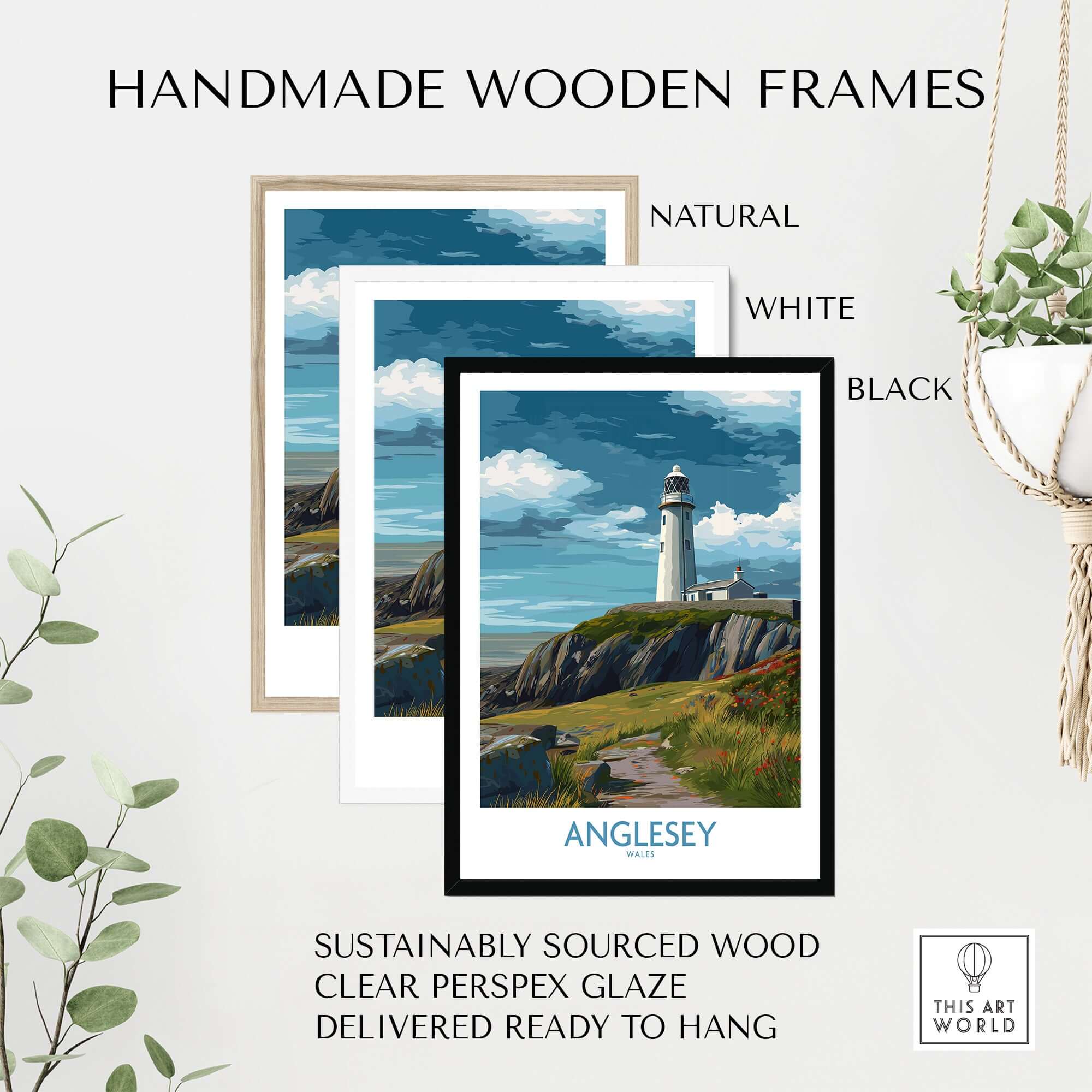 Anglesey Wales Scenic Seascape Poster - Welsh Lighthouse Decor in handmade wooden frames, natural, white, and black options.