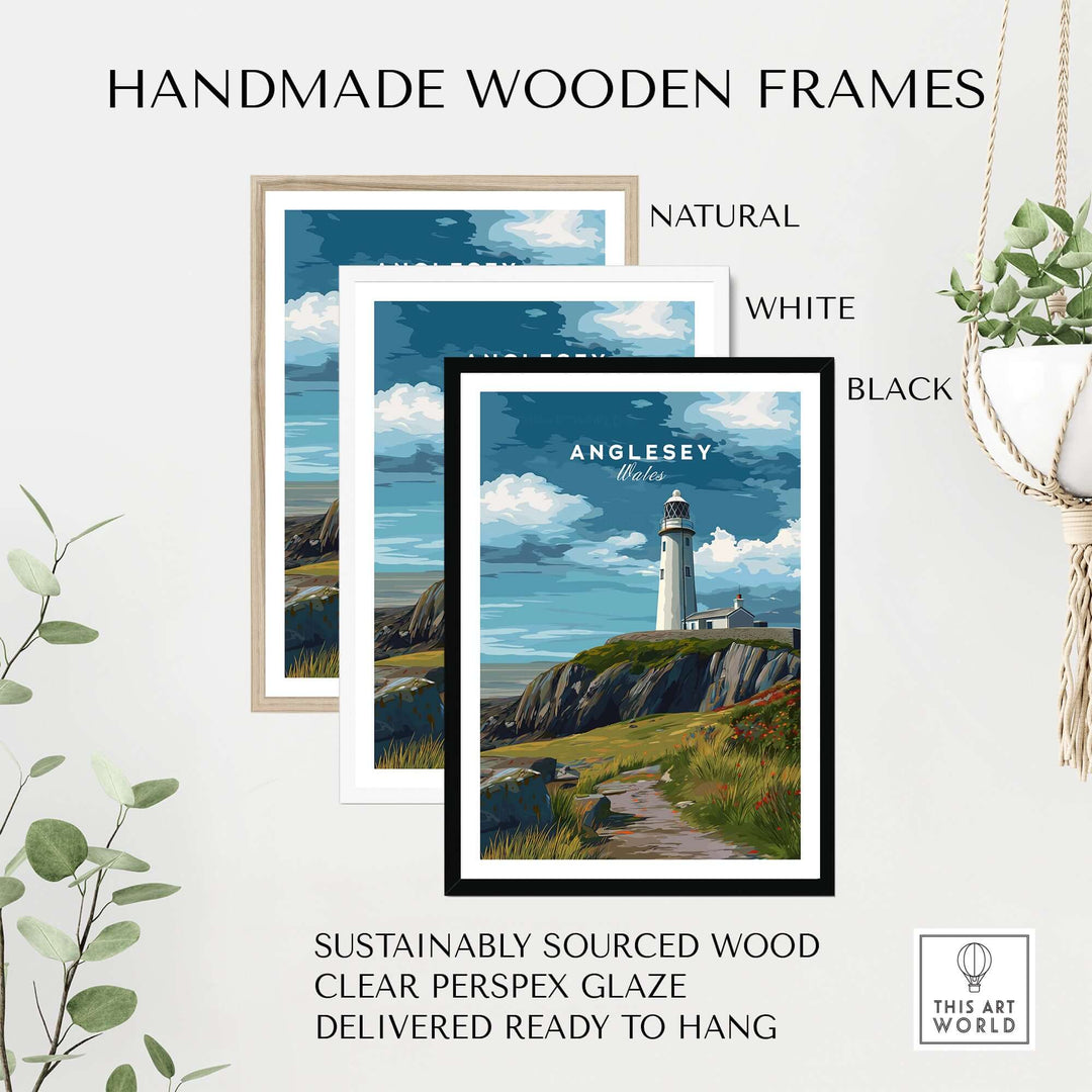 Handmade wooden frames in natural, white, and black for Anglesey Lighthouse print, sustainably sourced with clear glaze.