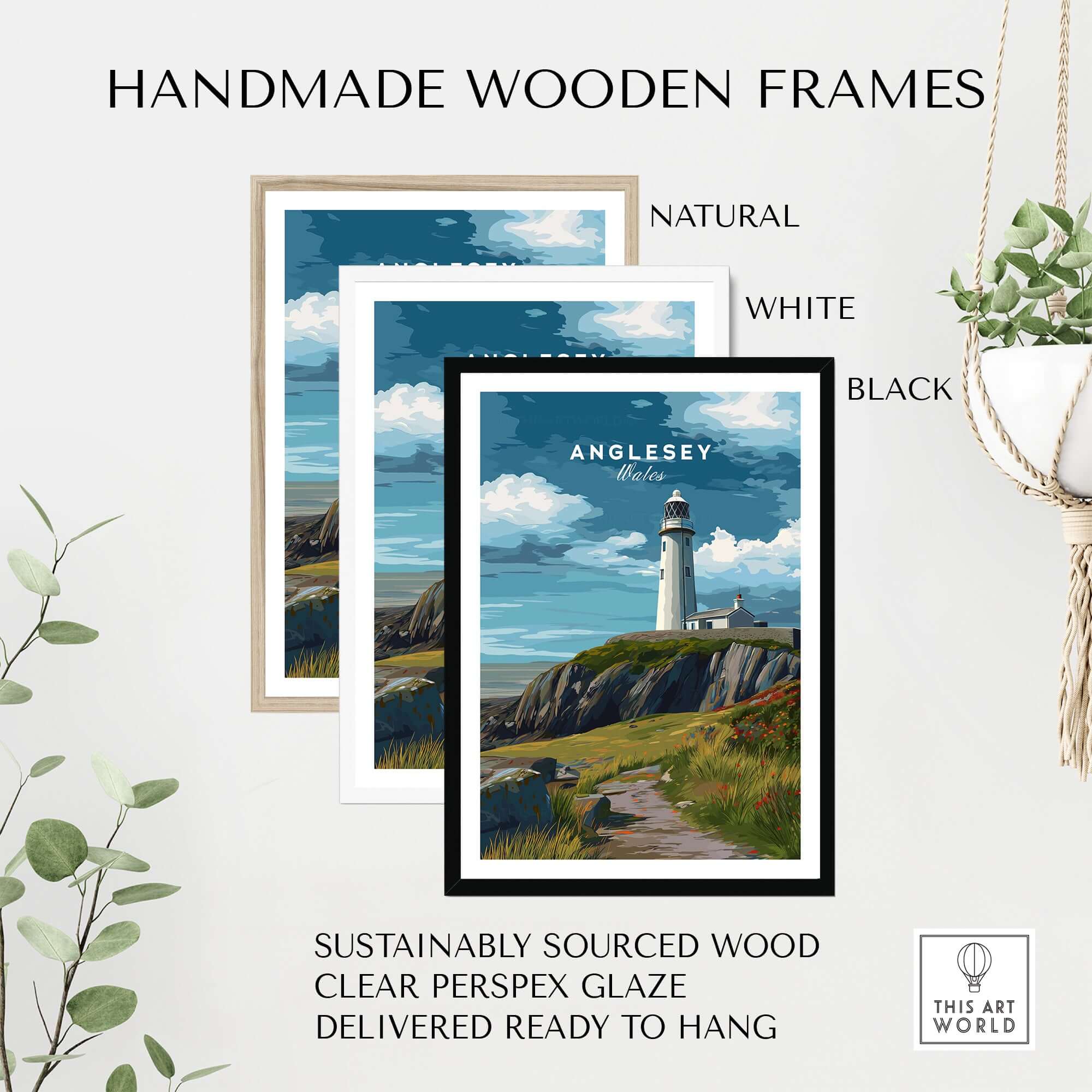 Anglesey Wales Lighthouse on Cliffs Print - Coastal Path Wall Art in handmade wooden frames.