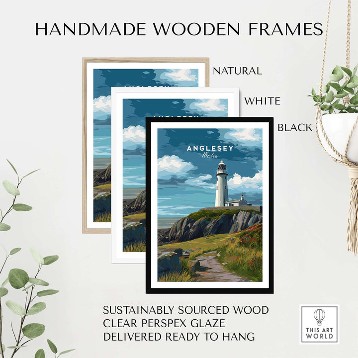 Handmade wooden frames in natural, white, and black for Anglesey Lighthouse print, sustainably sourced with clear glaze.