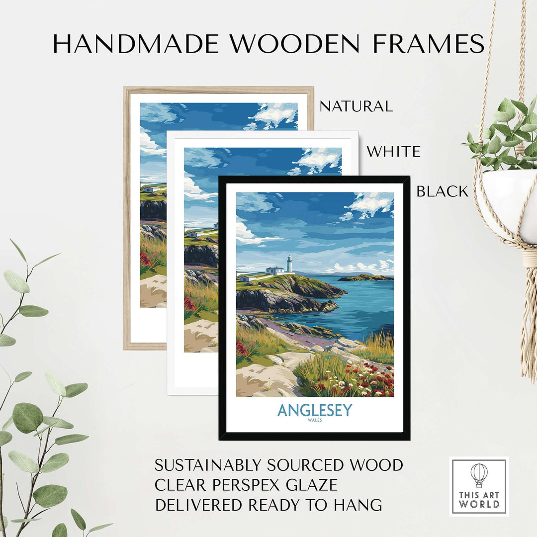 Handmade wooden frames in natural, white, and black for Anglesey Wales artwork, sustainably sourced and ready to hang.