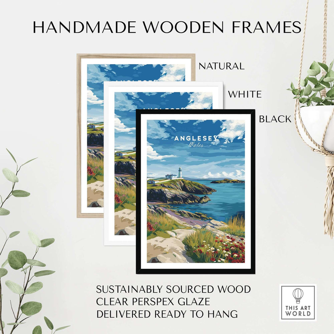Handmade wooden frames in natural, white, and black for coastal wall art featuring Anglesey, Wales.
