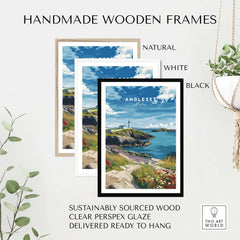 Anglesey Wales Wildflowers Lighthouse Poster - Vibrant Coastal Wall Art framed in natural, white, and black handmade frames.