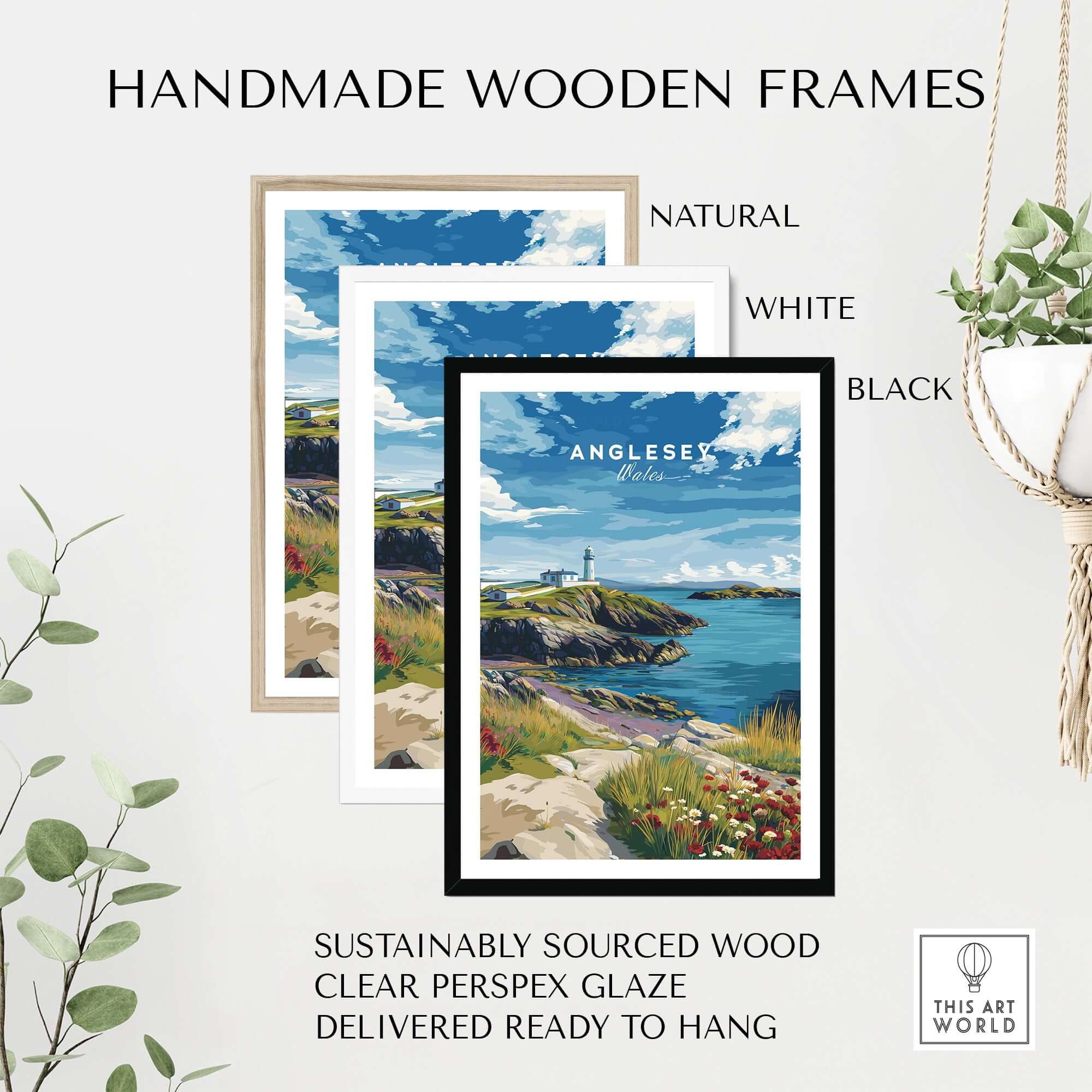 Anglesey Wales Wildflowers Lighthouse Poster - Vibrant Coastal Wall Art framed in natural, white, and black handmade frames.