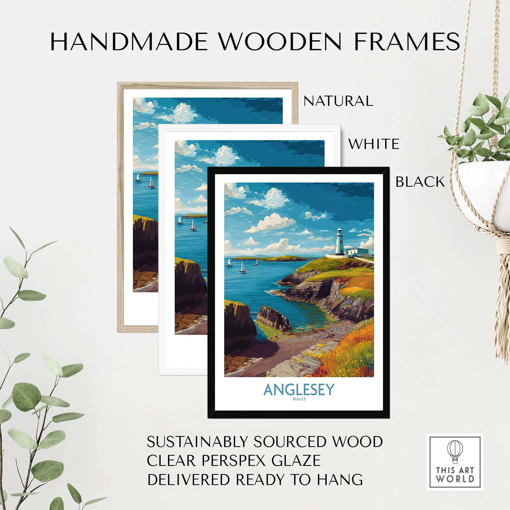 Anglesey Wales Ocean View Travel Poster - Welsh Seaside Decor in three handmade wooden frames