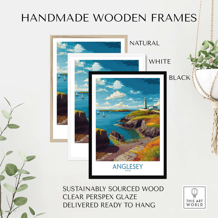 Handmade wooden frames in natural, white, and black for Anglesey ocean view poster, ready to hang and sustainably sourced.