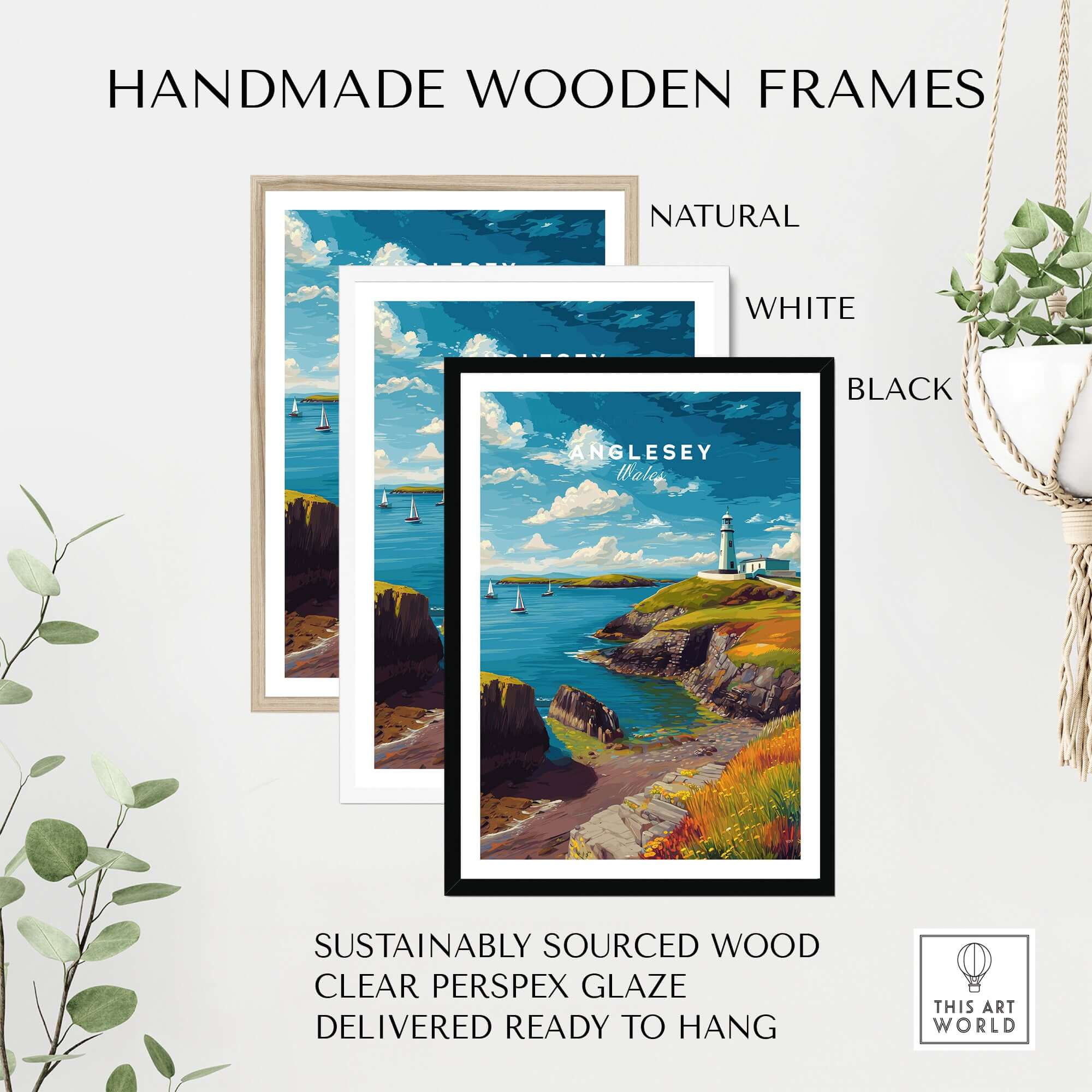 Anglesey Wales Sailboats & Lighthouse Print - Nautical Coastal Wall Art displayed in handmade wooden frames.