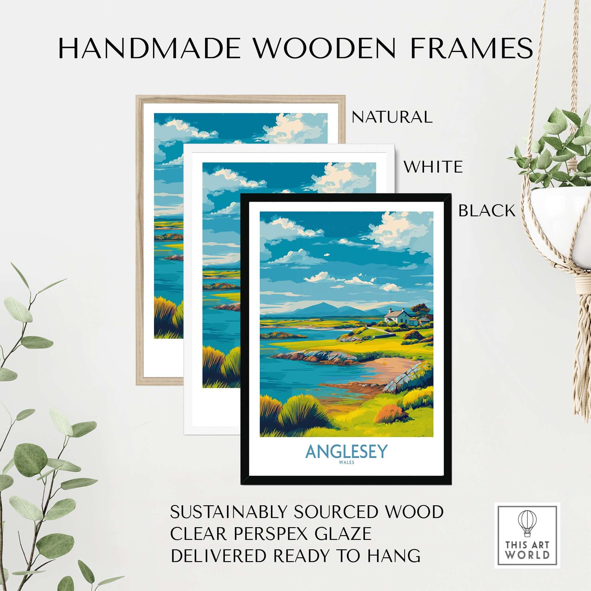 Anglesey Wales Tranquil Bay Poster - Welsh Countryside Travel Decor with handmade wooden frames in natural, white, and black.