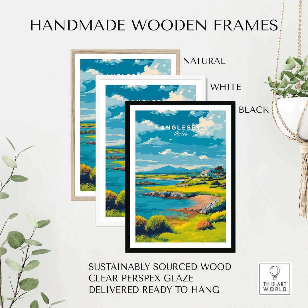 Handmade wooden frames in natural, white, and black colors showcasing an Anglesey landscape print.