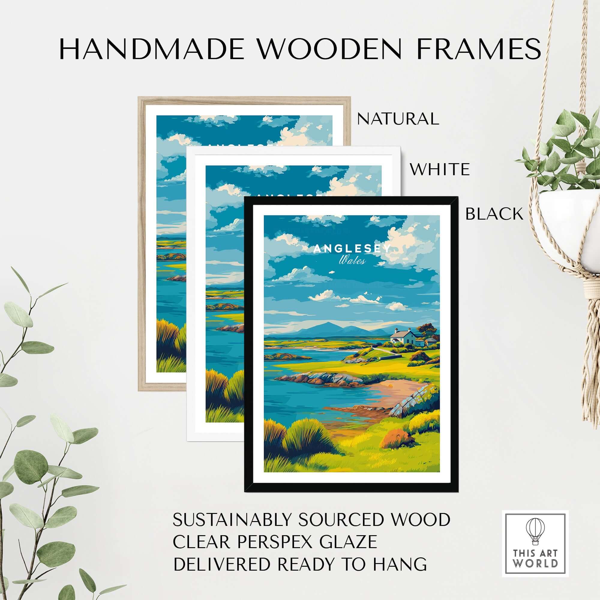 Anglesey Wales Green Coastline Print - Rural Landscape Wall Art framed in handmade wooden frames in natural, white, and black finishes.