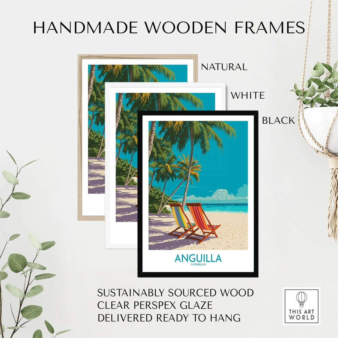 Handmade wooden frames in natural, white, and black for Anguilla Caribbean sunset poster, sustainably sourced and ready to hang.