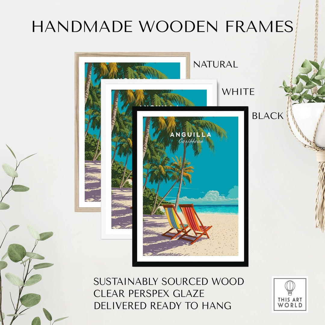 Handmade wooden frames in natural, white, and black, showcasing Anguilla tropical island print on a beach scene.