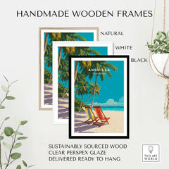 Anguilla Caribbean Wall Art - Tropical Island Print framed in handmade wooden frames in natural, white, and black colors.