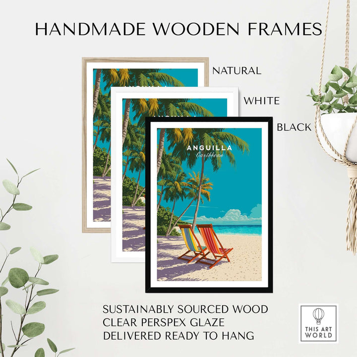 Handmade wooden frames in natural, white, and black, showcasing Anguilla tropical island print on a beach scene.