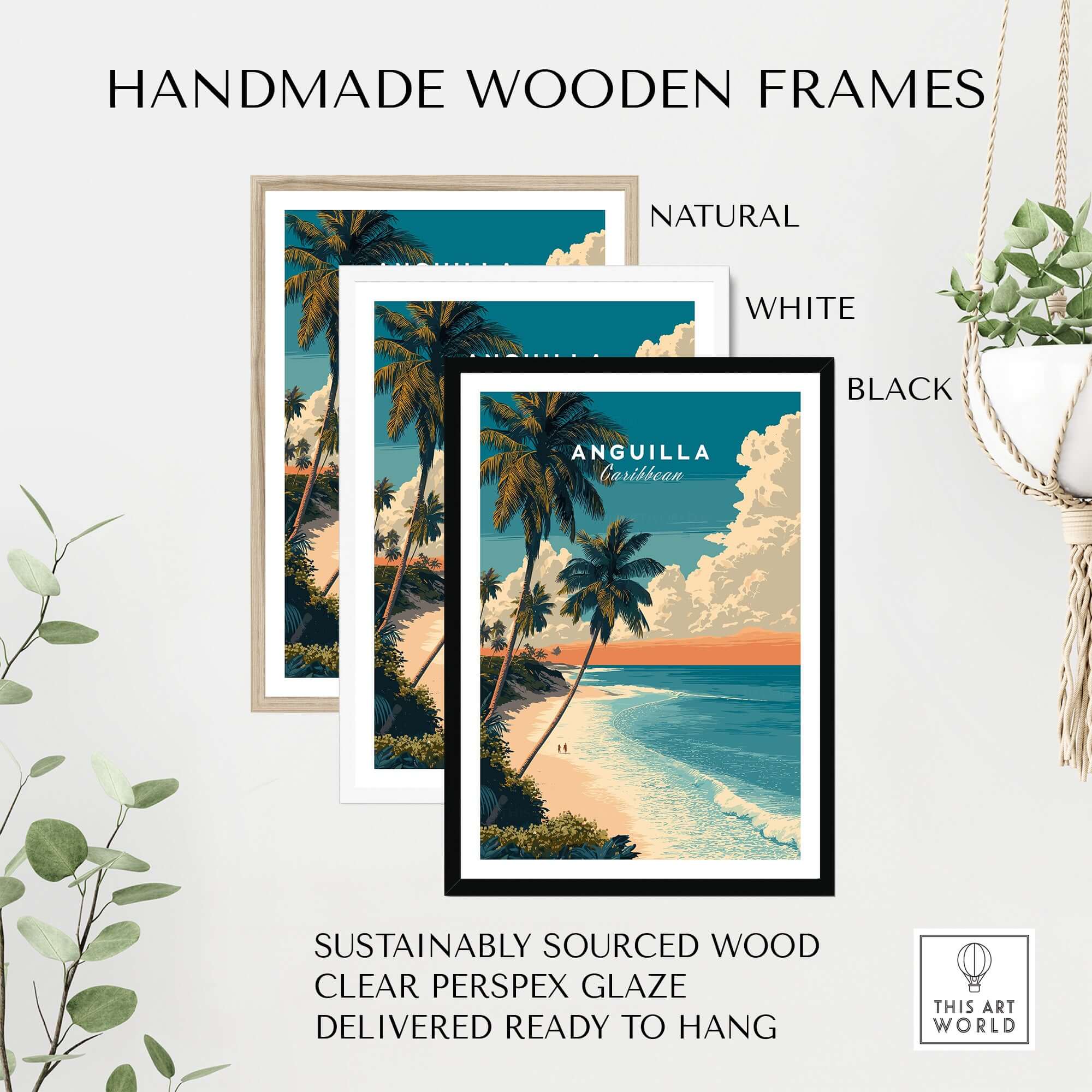 Anguilla Poster Caribbean Beach Wall Art framed in handmade wooden frames, natural, white, and black options displayed.