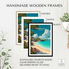 Handmade wooden frames in natural, white, and black showcasing the Anguilla Caribbean Beach Print for home decor.