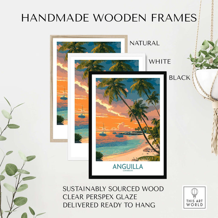 Handmade wooden frames for Anguilla Caribbean print seascape wall art in natural, white, and black finishes.