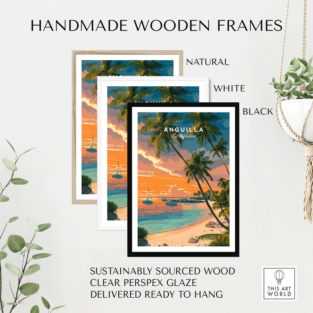 Handmade wooden frames in natural, white, and black for Anguilla sunset poster art, ready to hang.