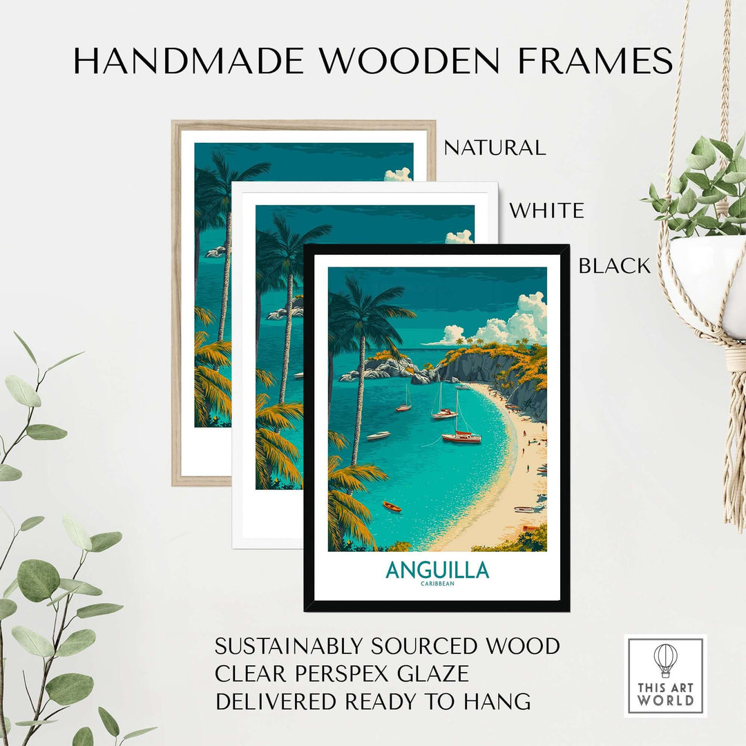 Handmade wooden frames in natural, white, and black for Anguilla beach poster, ready to hang décor.