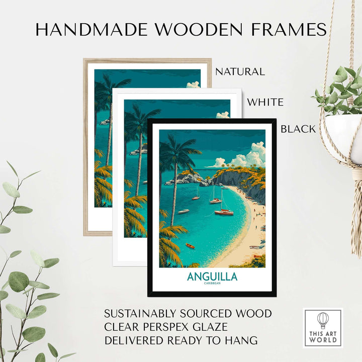 Handmade wooden frames in natural, white, and black for Anguilla beach poster, ready to hang décor.