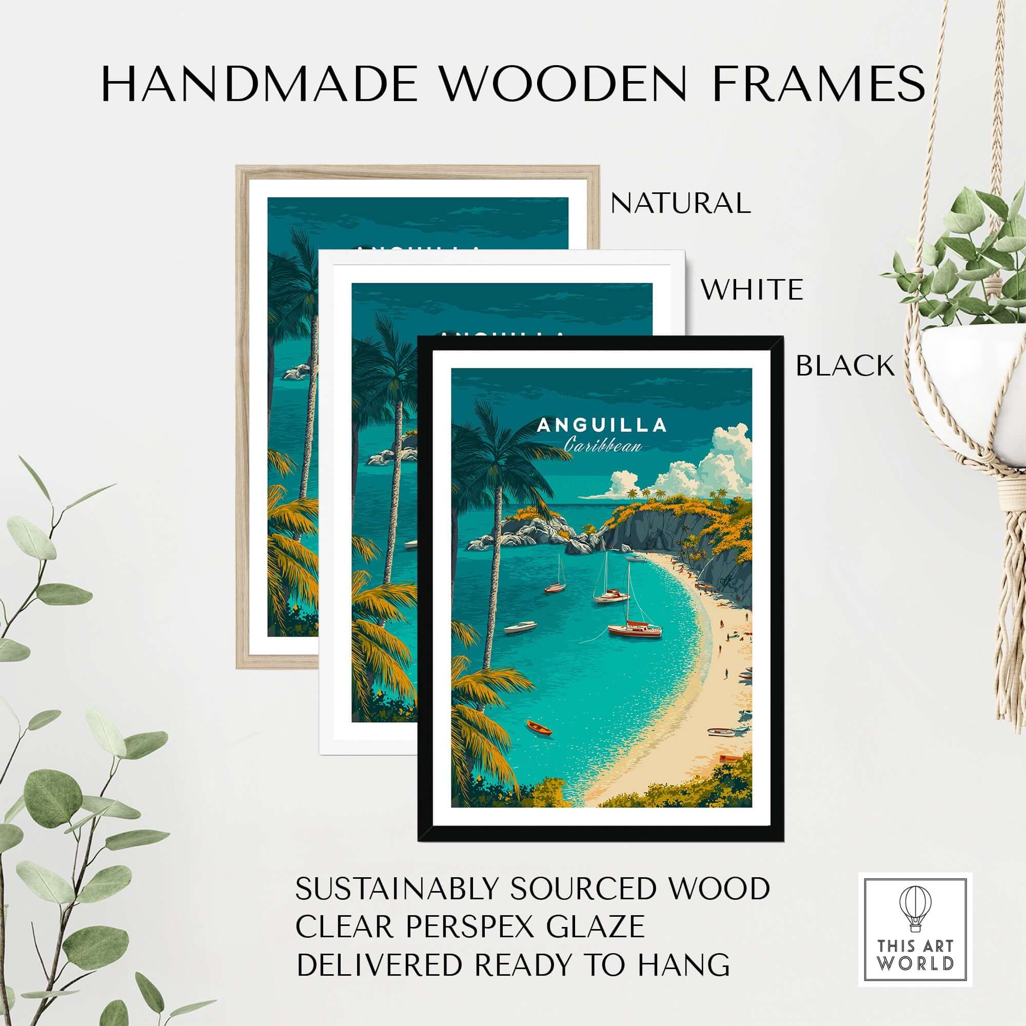 Anguilla Travel Poster -  Caribbean Wall Art displayed in handmade wooden frames in natural, white, and black finishes.