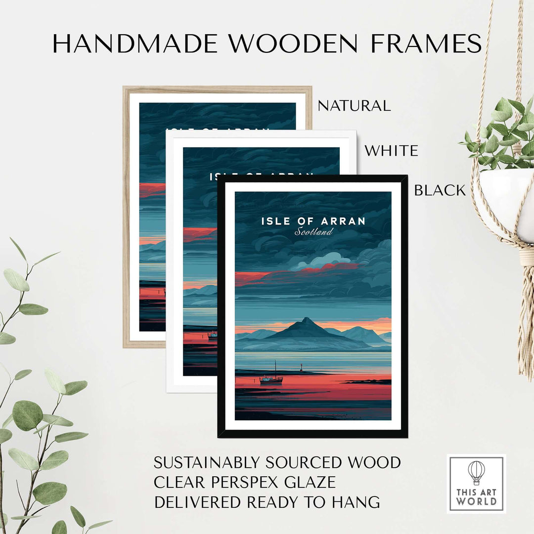 Handmade wooden frames in natural, white, and black, showcasing the Isle of Arran print for stylish art display.