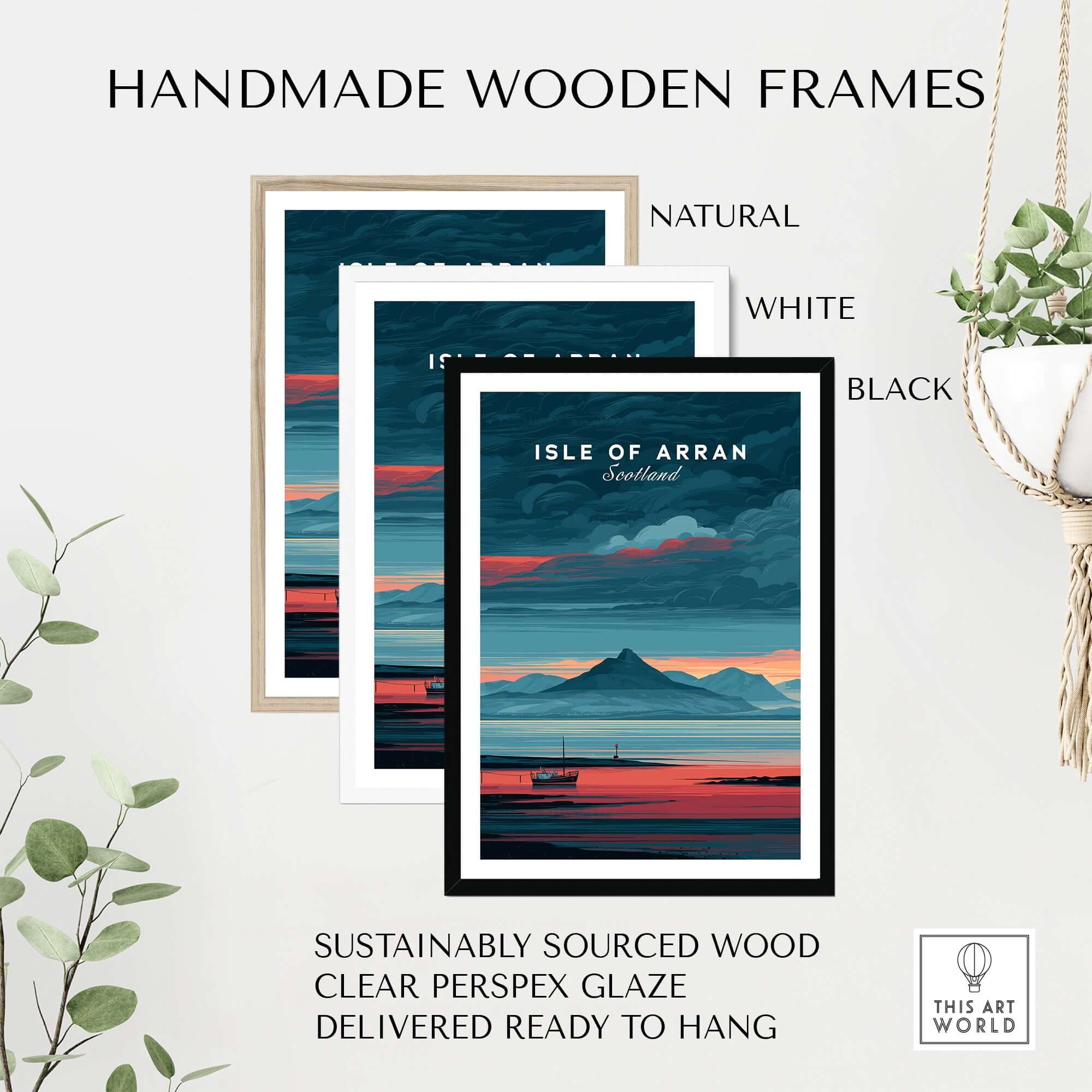 Isle of Arran Print Scotland Mountain Sunset - Dramatic Scottish Landscape Art framed in handmade wooden frames.