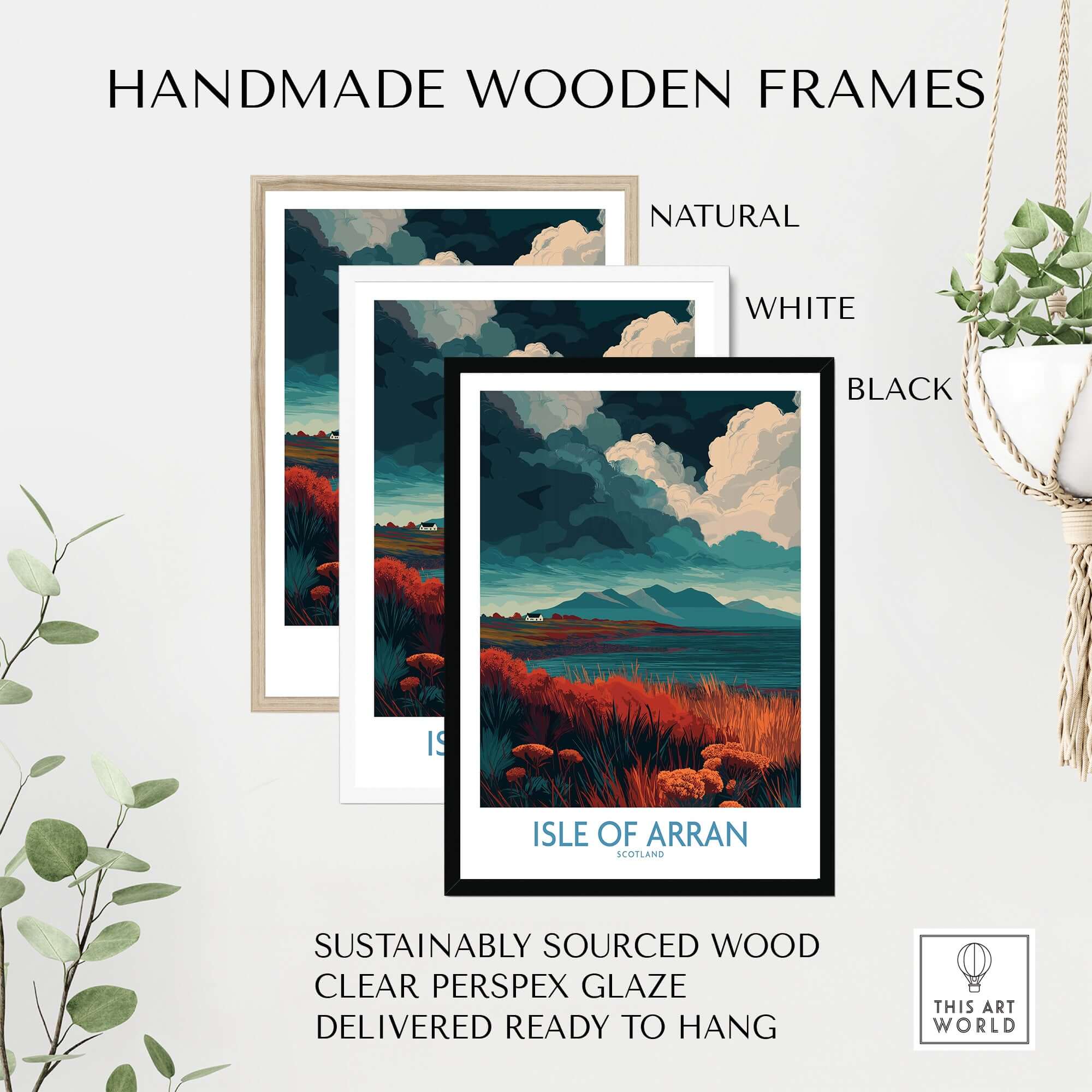 Isle of Arran Scotland Poster Stormy Sky Landscape - Isle of Arran Artwork displayed in three handmade wooden frames.
